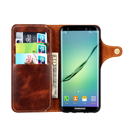 Waxed Cowhide Leather Galaxy S9+ Fastener Case Wallet Stand with Hand Strap