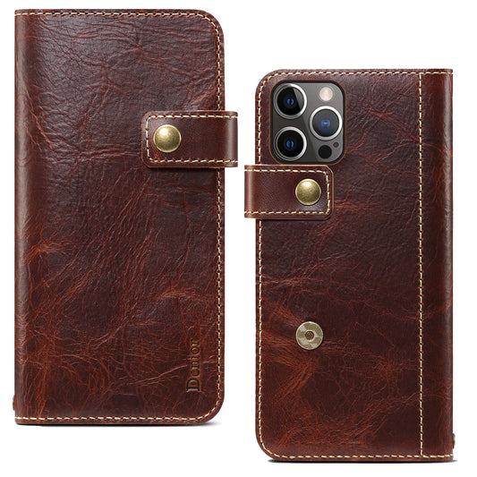 Waxed Cowhide Leather iPhone 13 Pro Max Magnetic Buckle Case Wallet Stand
