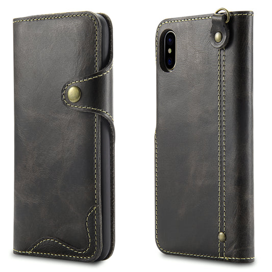 Waxed Cowhide Leather iPhone X Xs Fastener Case Wallet Stand with Hand Strap