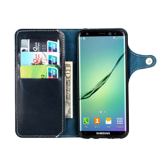 Waxed Cowhide Leather Galaxy S9 Fastener Case Wallet Stand with Hand Strap
