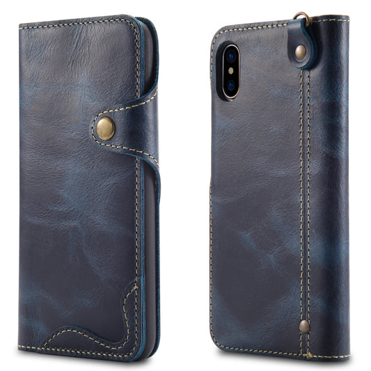 Waxed Cowhide Leather iPhone Xs Max Fastener Case Wallet Stand with Hand Strap