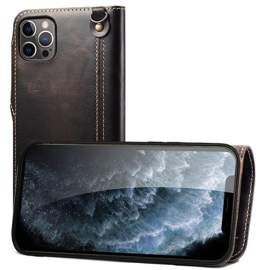 Waxed Cowhide Leather iPhone 12 Pro Max Fastener Case Wallet Stand with Hand Strap