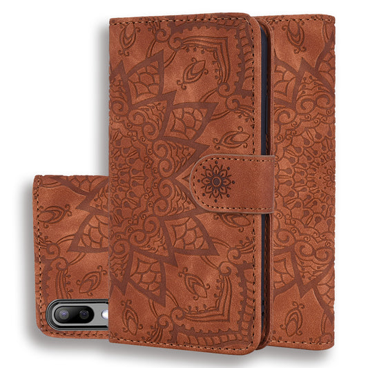Double Hem Galaxy A10s Leather Case Embossing Sunflower Wallet Foldable Stand