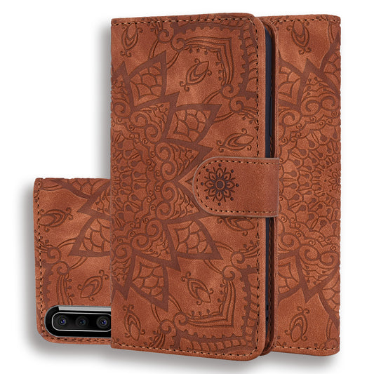 Double Hem Galaxy A50 Leather Case Embossing Sunflower Wallet Foldable Stand