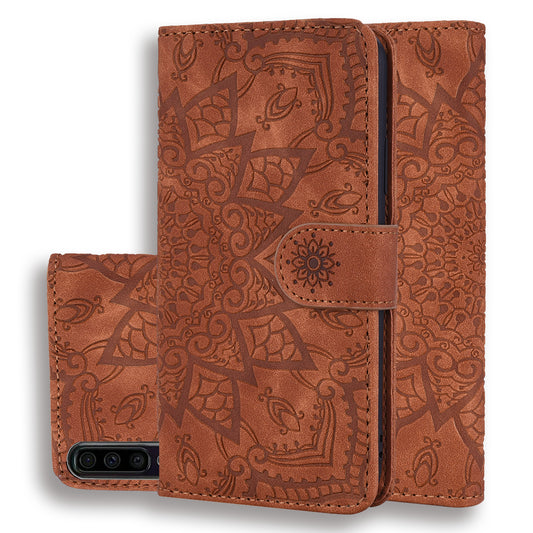 Double Hem Galaxy A70 Leather Case Embossing Sunflower Wallet Foldable Stand