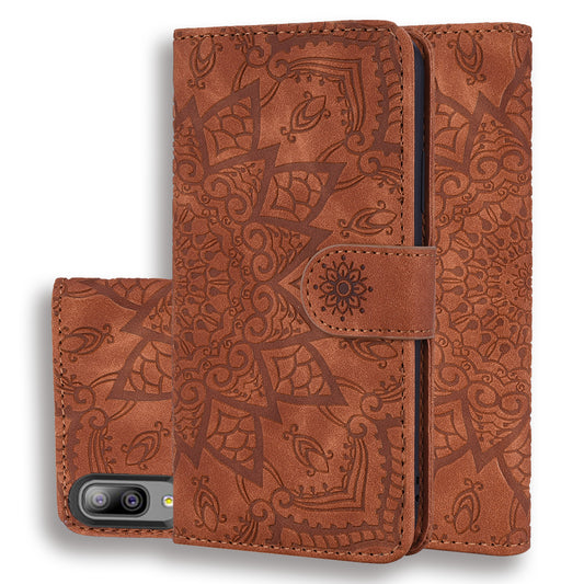 Double Hem Galaxy A10e Leather Case Embossing Sunflower Wallet Foldable Stand