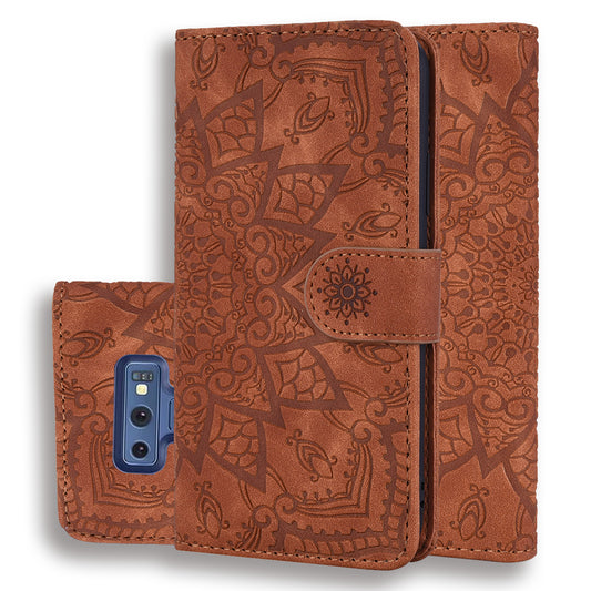 Double Hem Galaxy Note9 Leather Case Embossing Sunflower Wallet Foldable Stand