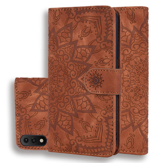Double Hem Galaxy A01 Leather Case Embossing Sunflower Wallet Foldable Stand