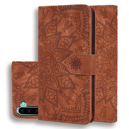 Double Hem Galaxy Note10 Leather Case Embossing Sunflower Wallet Foldable Stand