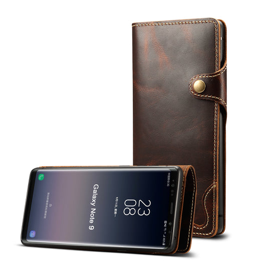 Waxed Cowhide Leather Galaxy Note9 Fastener Case Wallet Stand with Hand Strap