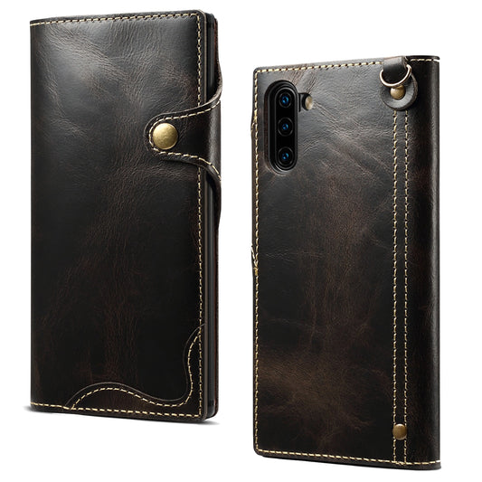 Waxed Cowhide Leather Galaxy Note10 Fastener Case Wallet Stand with Hand Strap