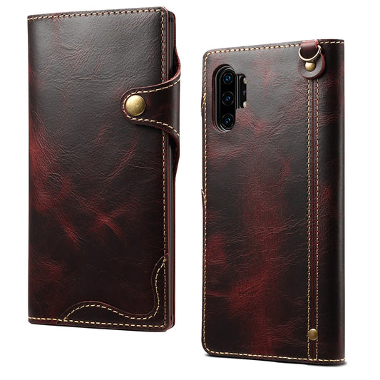 Waxed Cowhide Leather Galaxy Note10+ Fastener Case Wallet Stand with Hand Strap