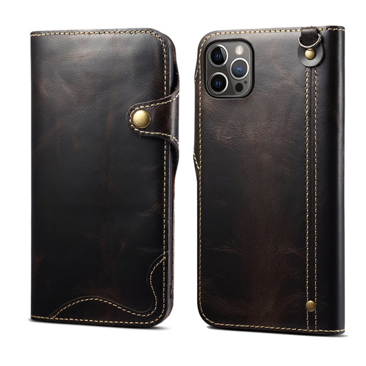 Waxed Cowhide Leather iPhone 13 Pro Max Fastener Case Wallet Stand with Hand Strap