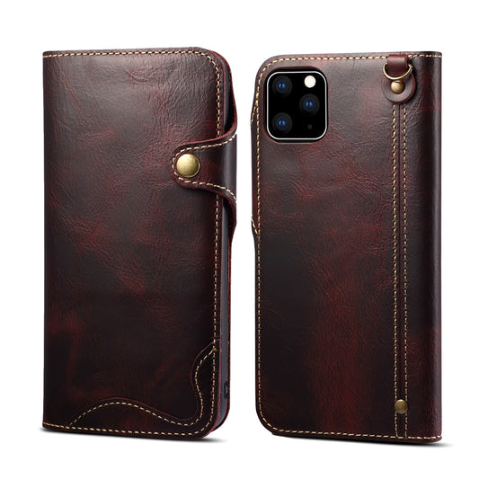 Waxed Cowhide Leather iPhone 11 Pro Max Fastener Case Wallet Stand with Hand Strap