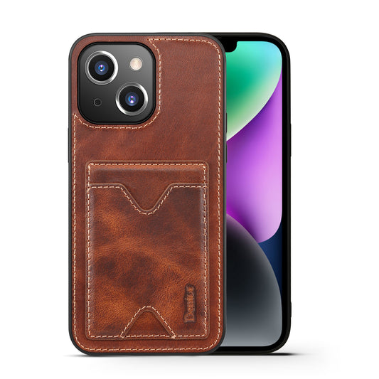 Waxed Cowhide Leather iPhone 14 Plus Wallet Cover Verticle Magnetic Kickstand
