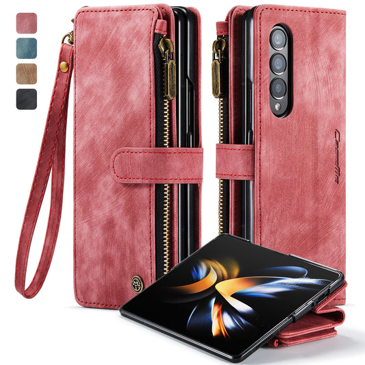 Multi-card Zipper Galaxy Z Fold4 Leather Case Double Fold Stand with Hand Strap