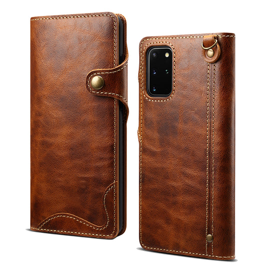 Waxed Cowhide Leather Galaxy Note20 Fastener Case Wallet Stand with Hand Strap
