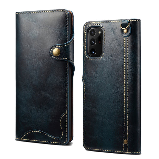Waxed Cowhide Leather Galaxy Note20 Ultra Fastener Case Wallet Stand with Hand Strap