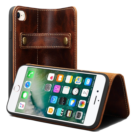 Waxed Cowhide Leather iPhone 8 Magnetic Buckle Case Wallet Stand