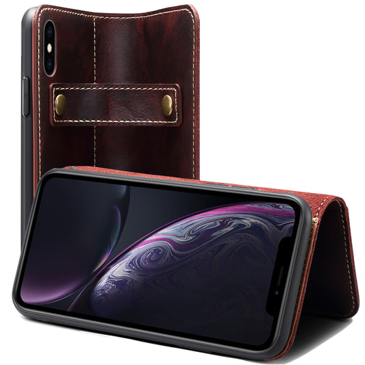 Waxed Cowhide Leather iPhone X Xs Magnetic Buckle Case Wallet Stand