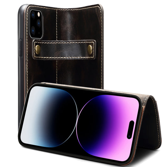 Waxed Cowhide Leather iPhone 14 Pro Max Magnetic Buckle Case Wallet Stand