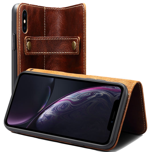 Waxed Cowhide Leather iPhone Xs Max Magnetic Buckle Case Wallet Stand