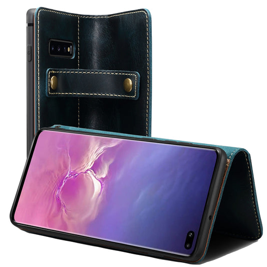 Waxed Cowhide Leather Galaxy S10 Magnetic Buckle Case Wallet Stand