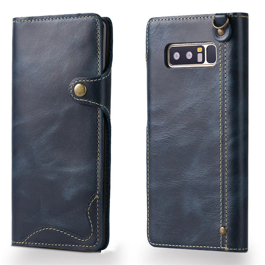 Waxed Cowhide Leather Galaxy Note8 Fastener Case Wallet Stand with Hand Strap