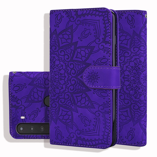 Double Hem Galaxy A21 Leather Case Embossing Sunflower Wallet Foldable Stand