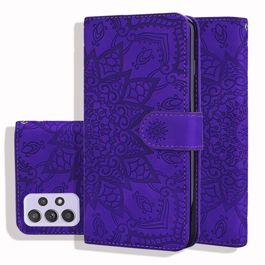 Double Hem Galaxy A52 Leather Case Embossing Sunflower Wallet Foldable Stand