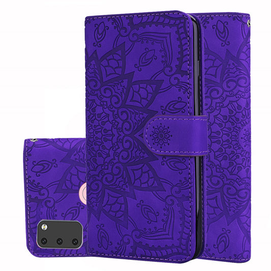 Double Hem Galaxy A30s Leather Case Embossing Sunflower Wallet Foldable Stand