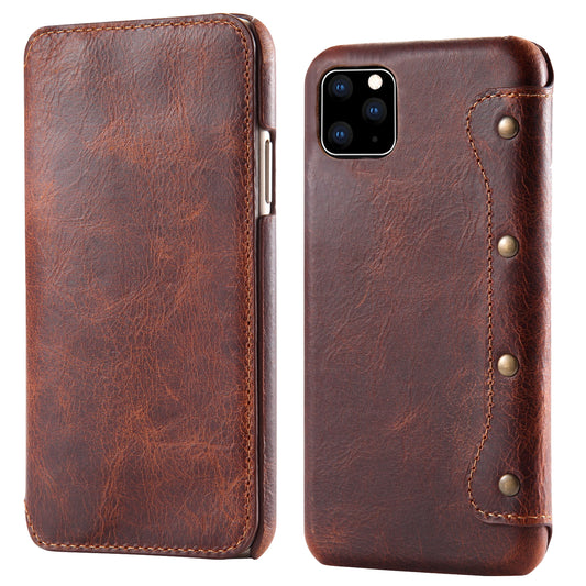 Waxed Cowhide Leather iPhone 11 Pro Max Willow Nail Case Wallet Stand Classical