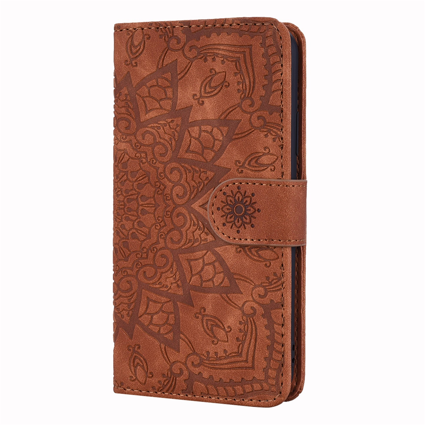 Double Hem Galaxy A21s Leather Case Embossing Sunflower Wallet Foldable Stand