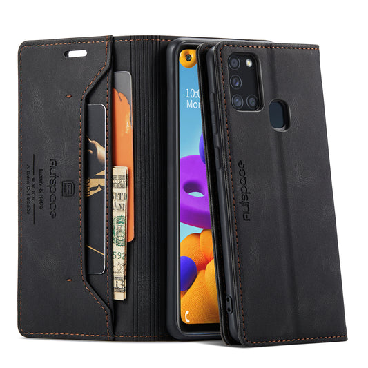 Retro Frosted Galaxy A21s Case Leather Magnetic Soft TPU Wallet Stand RFID