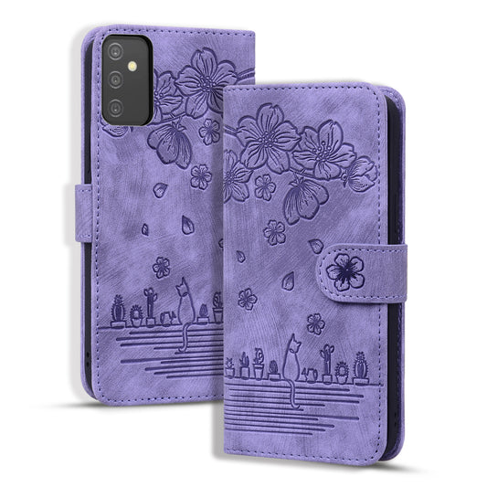 Cat Cherry Blossoms Galaxy A34 Grils Case Retro Leather Embossing Wallet Stand