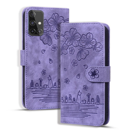 Cat Cherry Blossoms Galaxy A71 Grils Case Retro Leather Embossing Wallet Stand