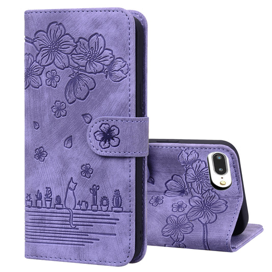 Cat Cherry Blossoms iPhone 8 Plus Grils Case Retro Leather Embossing Wallet Stand
