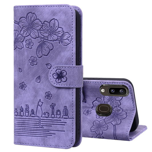 Cat Cherry Blossoms Galaxy A20 Grils Case Retro Leather Embossing Wallet Stand