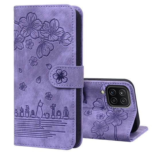 Cat Cherry Blossoms Galaxy A03s Grils Case Retro Leather Embossing Wallet Stand