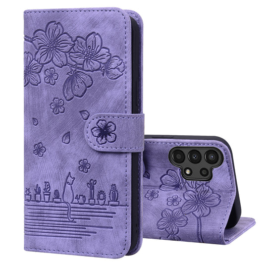 Cat Cherry Blossoms Galaxy A13 Grils Case Retro Leather Embossing Wallet Stand