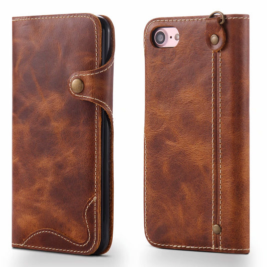 Waxed Cowhide Leather iPhone SE 2022 Fastener Case Wallet Stand with Hand Strap