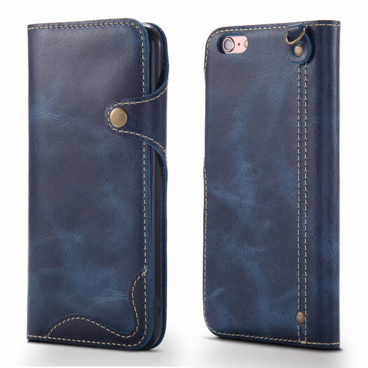 Waxed Cowhide Leather iPhone 8 Fastener Case Wallet Stand with Hand Strap