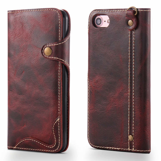 Waxed Cowhide Leather iPhone 7 Fastener Case Wallet Stand with Hand Strap