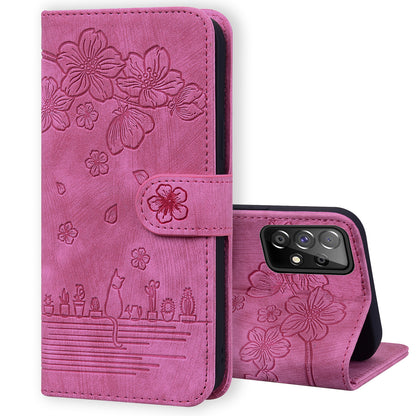 Cat Cherry Blossoms Galaxy A53 Grils Case Retro Leather Embossing Wallet Stand