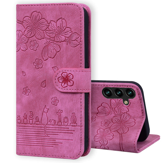 Cat Cherry Blossoms Galaxy A14 Grils Case Retro Leather Embossing Wallet Stand