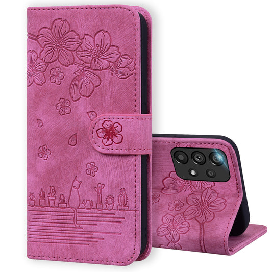 Cat Cherry Blossoms Galaxy A33 Grils Case Retro Leather Embossing Wallet Stand
