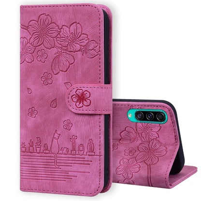 Cat Cherry Blossoms Galaxy A30s Grils Case Retro Leather Embossing Wallet Stand