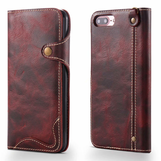 Waxed Cowhide Leather iPhone 8 Plus Fastener Case Wallet Stand with Hand Strap