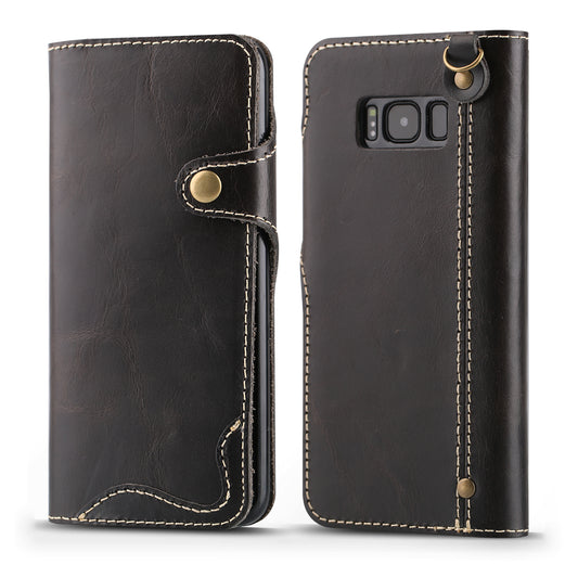 Waxed Cowhide Leather Galaxy S8 Fastener Case Wallet Stand with Hand Strap