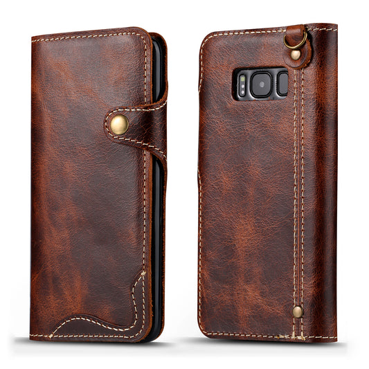 Waxed Cowhide Leather Galaxy S8+ Fastener Case Wallet Stand with Hand Strap